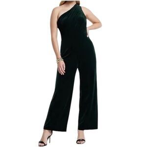 Express Green Velvet One Shoulder Wide Leg Jumpsuit  XS Evening Holiday Party